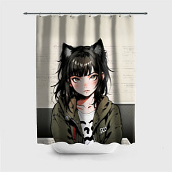 Шторка для душа Девушка-кошка в болотной толстовке, цвет: 3D-принт