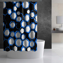 Шторка для душа Бело-синие шестиугольники на чёрном фоне, цвет: 3D-принт — фото 2