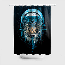 Шторка для душа Девушка-шаманка в шапке волка, цвет: 3D-принт