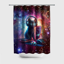Шторка для душа Котёнок в наушниках с мышкой в космосе, цвет: 3D-принт