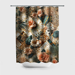 Шторка для душа Цветы на кусках мрамора и леопардовом узоре, цвет: 3D-принт