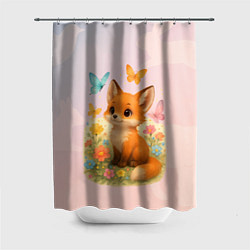 Шторка для душа Лисичка с бабочками и цветочками, цвет: 3D-принт