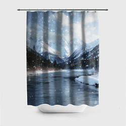 Шторка для душа Снежный горный пейзаж с елями и рекой, цвет: 3D-принт