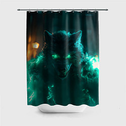 Шторка для душа Волк с зелеными глазами с молниями, цвет: 3D-принт