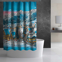 Шторка для душа Новогодняя деревушка в горах, цвет: 3D-принт — фото 2
