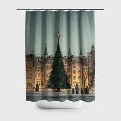 Шторка для душа Новогодняя елка во дворе, цвет: 3D-принт