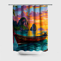 Шторка для душа Тропический закат у скал, цвет: 3D-принт
