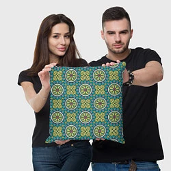 Подушка квадратная Хризантемы: бирюзовый узор, цвет: 3D-принт — фото 2