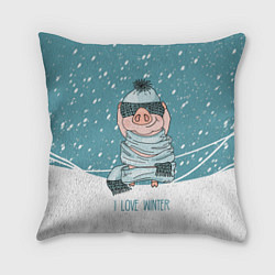 Подушка квадратная Pig: I love winter, цвет: 3D-принт