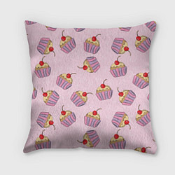 Подушка квадратная Капкейки на розовом, цвет: 3D-принт