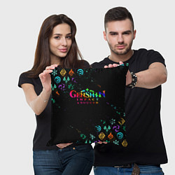 Подушка квадратная GENSHIN IMPACT NEON LOGO RAINBOW STYLE, ЭМБЛЕМЫ, цвет: 3D-принт — фото 2