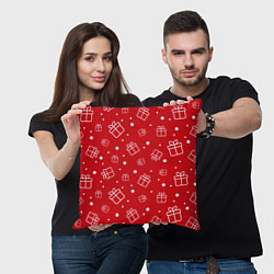 Подушка квадратная Новогодние подарки на красном фоне, цвет: 3D-принт — фото 2