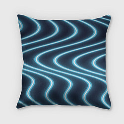 Подушка квадратная Неоновый свет Волны голубые на темном фоне, цвет: 3D-принт
