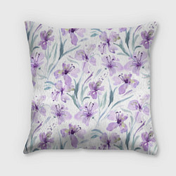 Подушка квадратная Цветы Фиолетовые Нарисованные Акварелью, цвет: 3D-принт