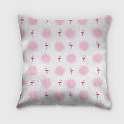 Подушка квадратная Фламинго и круги на белом фоне, цвет: 3D-принт