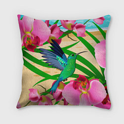 Подушка квадратная Колибри и орхидеи, цвет: 3D-принт