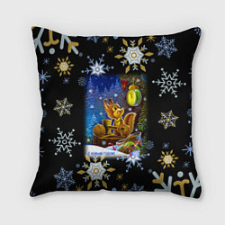 Подушка квадратная Новый год белка смотрит на часы