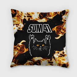 Подушка квадратная Sum41 рок кот и огонь, цвет: 3D-принт