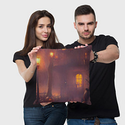Подушка квадратная Викторианский дом и старые фонари с тыквами в пурп, цвет: 3D-принт — фото 2