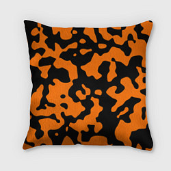 Подушка квадратная Чёрные абстрактные пятна на оранжевом фоне, цвет: 3D-принт