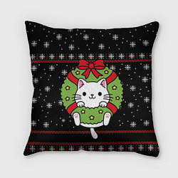 Подушка квадратная Рождественский венок с котиком, цвет: 3D-принт