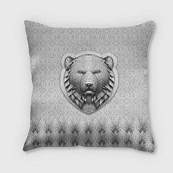 Подушка квадратная Медведь чёрно-белый барельеф с этническим орнамент, цвет: 3D-принт