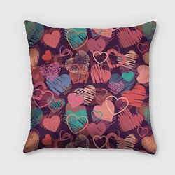 Подушка квадратная Узор из разных сердец, цвет: 3D-принт