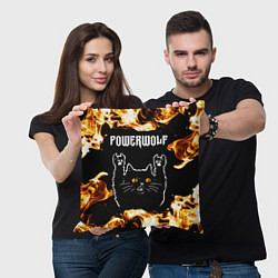 Подушка квадратная Powerwolf рок кот и огонь, цвет: 3D-принт — фото 2