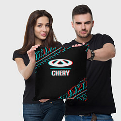 Подушка квадратная Значок Chery в стиле glitch на темном фоне, цвет: 3D-принт — фото 2