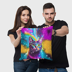 Подушка квадратная Полосатый кот с разноцветной звездной туманностью, цвет: 3D-принт — фото 2