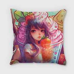 Подушка квадратная Девушка с клубничным мороженым, цвет: 3D-принт