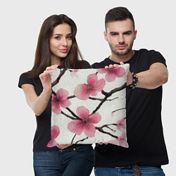 Подушка квадратная Цветы и ветви японской сакуры - текстура холста, цвет: 3D-принт — фото 2