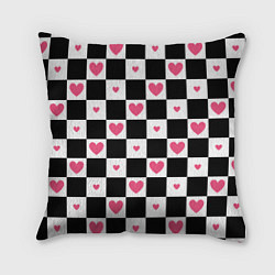 Подушка квадратная Розовые сердечки на фоне шахматной черно-белой дос, цвет: 3D-принт