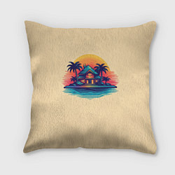 Подушка квадратная Дом и пальмы на фоне заката, цвет: 3D-принт