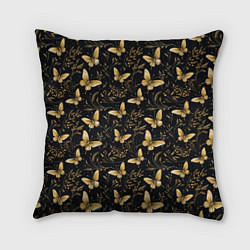 Подушка квадратная Золотые бабочки на черном фоне, цвет: 3D-принт