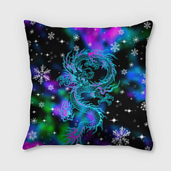 Подушка квадратная Неоновый дракон в снежинках, цвет: 3D-принт