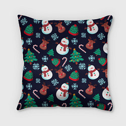 Подушка квадратная Снеговички с рождественскими оленями и елками, цвет: 3D-принт