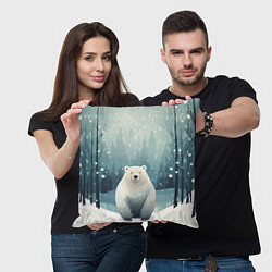 Подушка квадратная Мишка в зимнем лесу в стиле фолк-арт, цвет: 3D-принт — фото 2