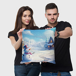 Подушка квадратная Новогодний пейзаж снеговик, цвет: 3D-принт — фото 2