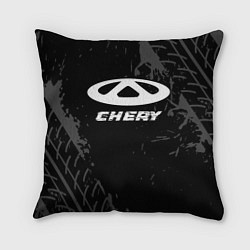 Подушка квадратная Chery speed на темном фоне со следами шин, цвет: 3D-принт