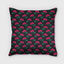 Подушка квадратная Темный паттерн с розовыми цветами, цвет: 3D-принт