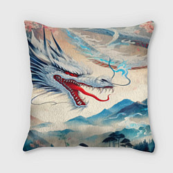 Подушка квадратная Дракон на фоне японского пейзажа, цвет: 3D-принт