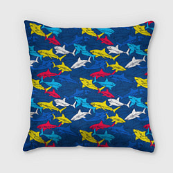 Подушка квадратная Разноцветные акулы на глубине, цвет: 3D-принт
