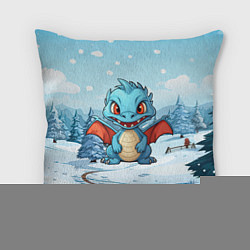 Подушка квадратная Дракон на зимнем заснеженном фоне