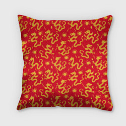 Подушка квадратная Золотые драконы на красном фоне, цвет: 3D-принт