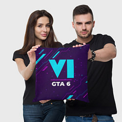 Подушка квадратная Символ GTA 6 в неоновых цветах на темном фоне, цвет: 3D-принт — фото 2
