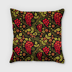 Подушка квадратная Хохломская роспись красные ягоды, цвет: 3D-принт