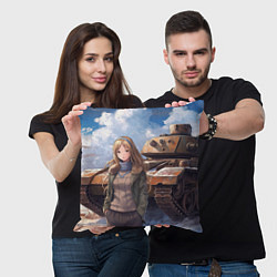 Подушка квадратная Русская боевая девушка на фоне танка, цвет: 3D-принт — фото 2
