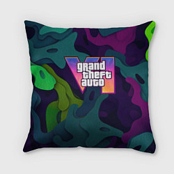 Подушка квадратная GTA 6 logo яркий неоновый камуфляжный стиль, цвет: 3D-принт