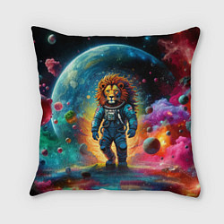 Подушка квадратная Лев космонавт в неоновом космическом пространстве, цвет: 3D-принт
